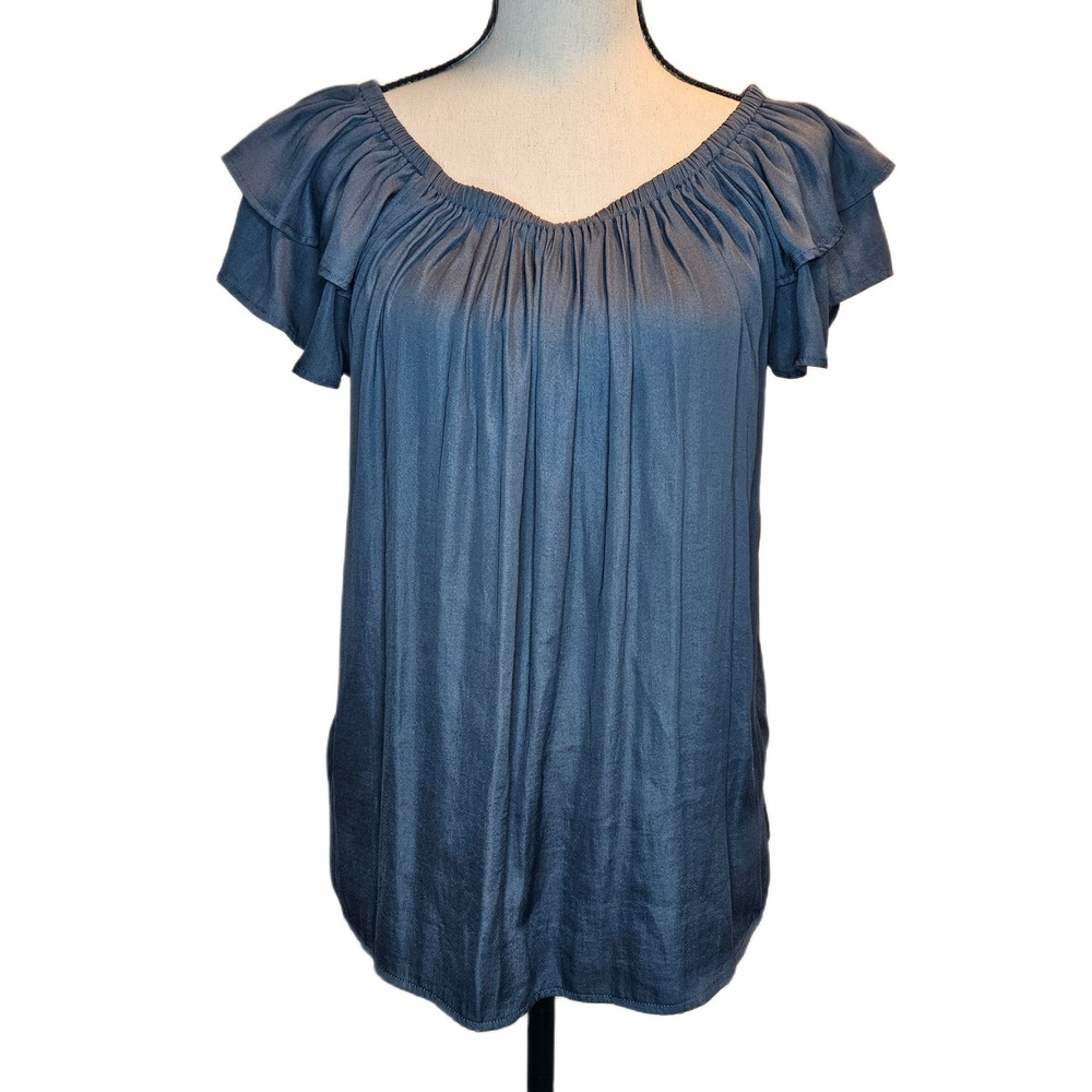 Ann Taylor Loft Size Small Blue Elastic Neck Short Ruffle Sleeve Drape Blouse‎
